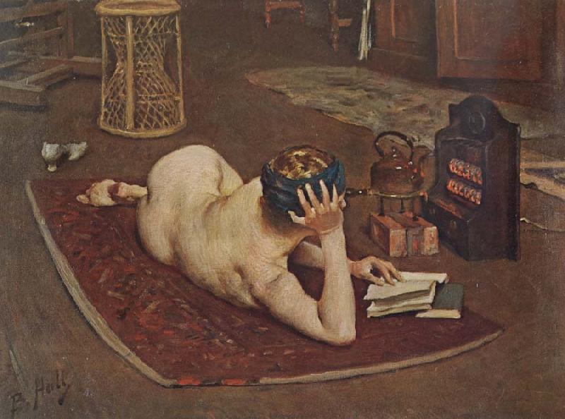 Bernard Hall Nude Reading at studio fire Sweden oil painting art
